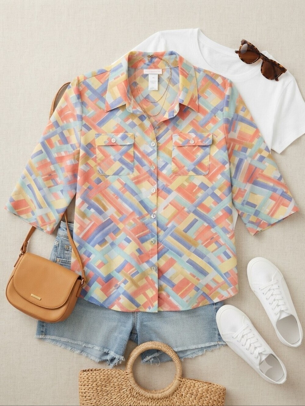 Alfred Dunner Colorful Geometric Print Button Up Blouse Shirt